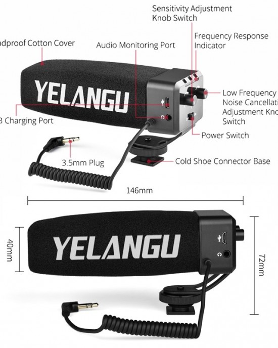 YELANG MIC09 Shotgun Gain Condenser Broadcast Microphone with Windshield for Canon   Nikon   Sony DSLR Cameras  Smartphones  Black